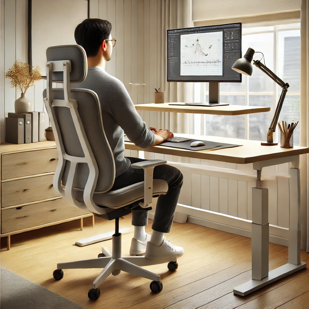 Ein ergonomischer Arbeitsplatz im Homeoffice mit höhenverstellbarem Schreibtisch, ergonomischem Bürostuhl und optimaler Sitzhaltung für gesundes und effizientes Arbeiten