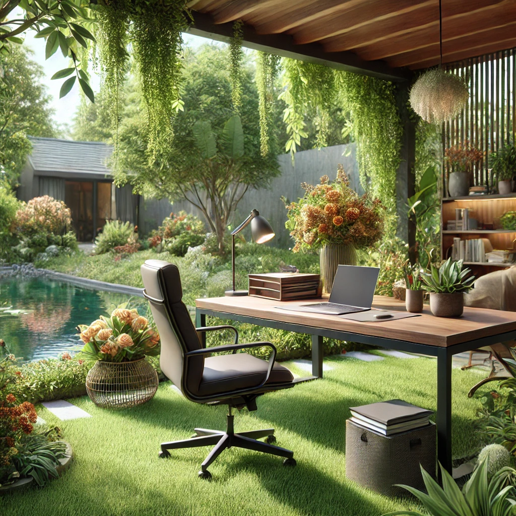 Mobiles Arbeiten im Garten: Ein stilvoller Arbeitsplatz mit Laptop und ergonomischem Stuhl, umgeben von üppiger Natur und Blick auf einen Teich, ideal für flexibles und inspirierendes Arbeiten im Freien