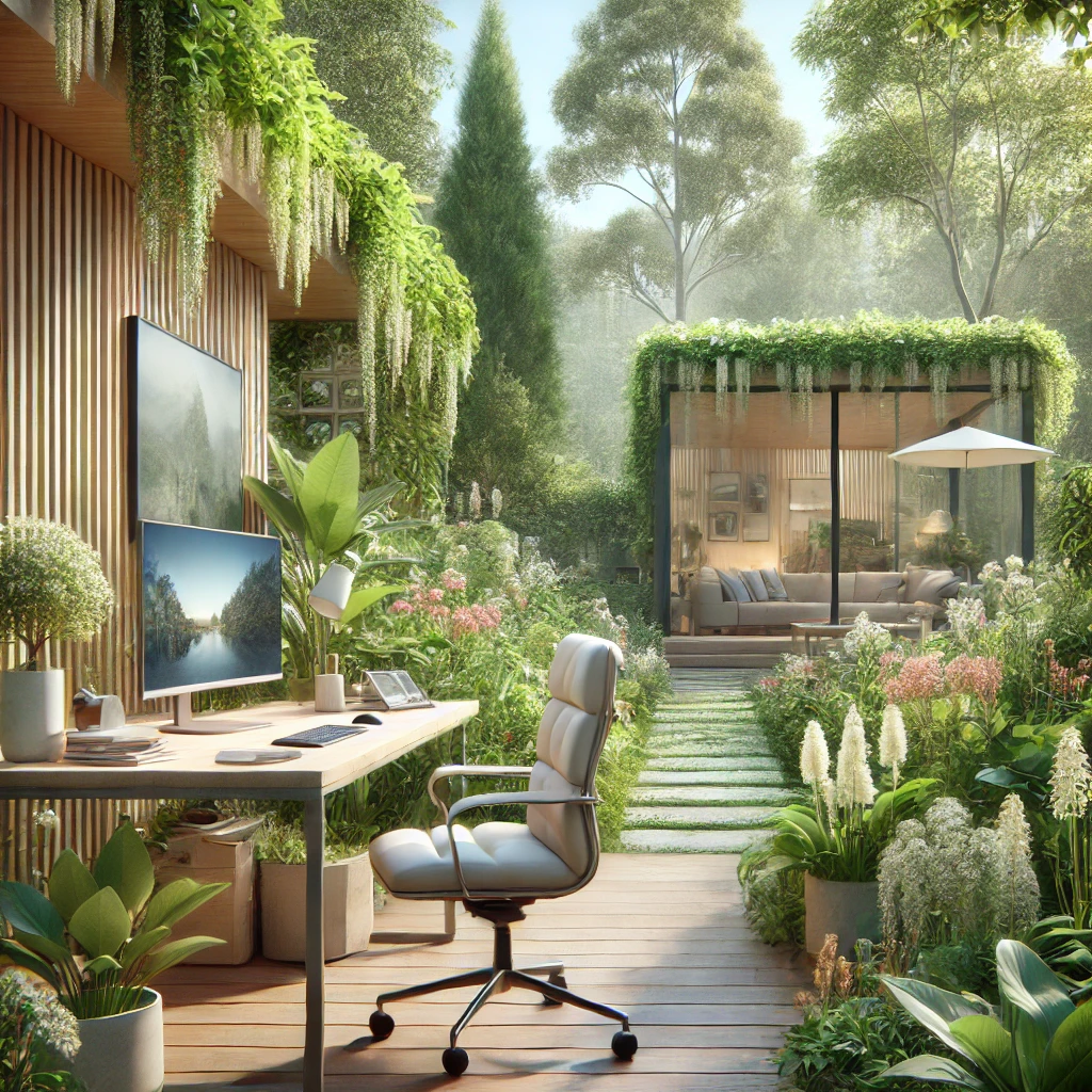 Mobiles Arbeiten im Grünen mit Doppelmonitoren und ergonomischem Stuhl in idyllischer Gartenumgebung