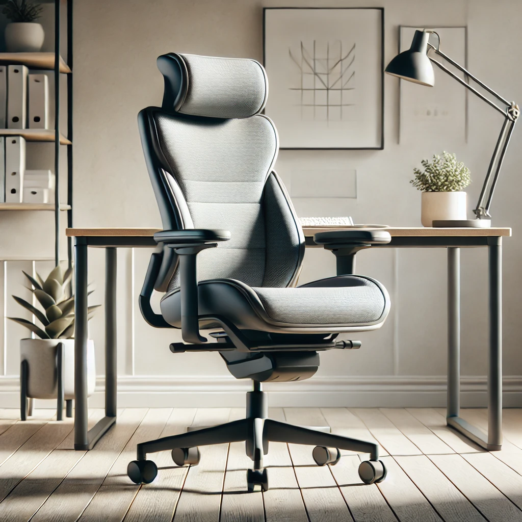 Moderner ergonomischer Bürostuhl, schlichter Schreibtisch und optimale Beleuchtung für gesundes Arbeiten