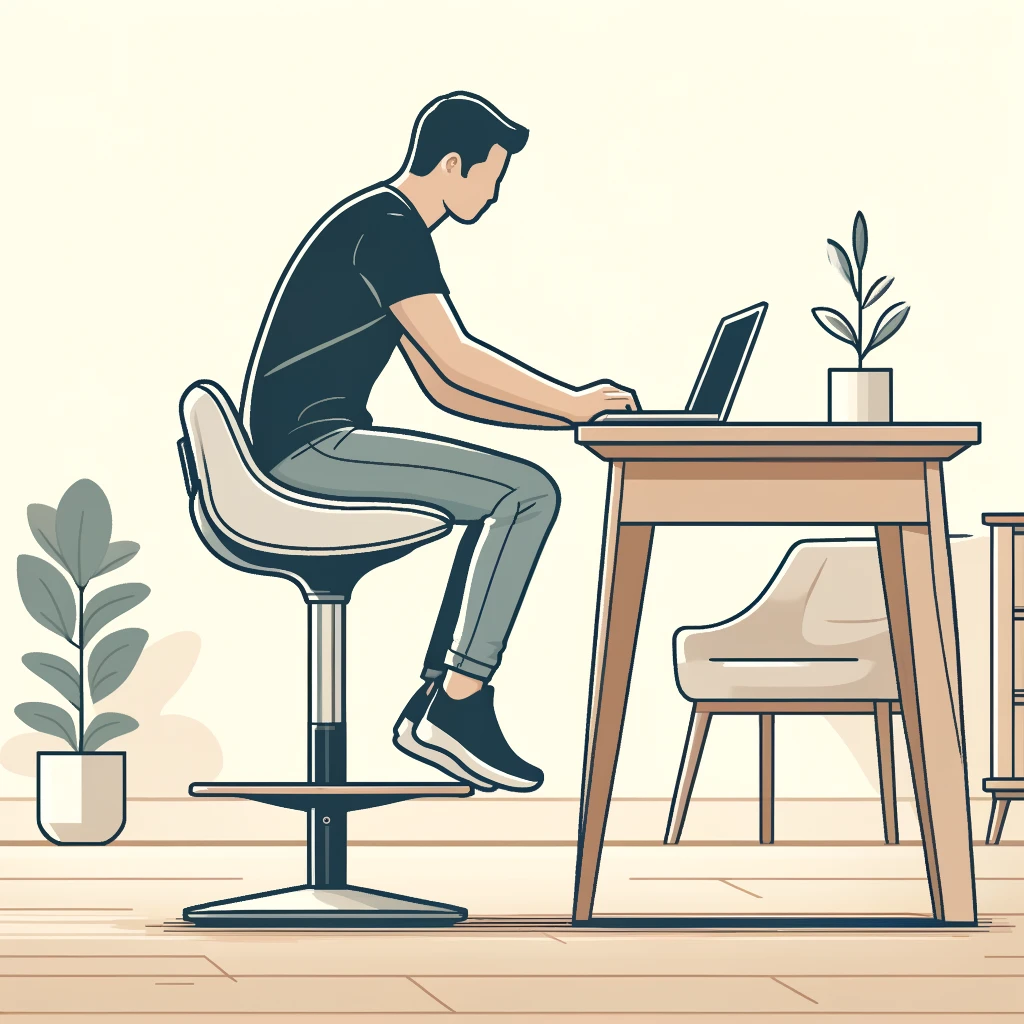 Mann arbeitet an einem Laptop im Homeoffice, sitzt auf einem ergonomischen Homeoffice Hocker mit aktiver Sitzhaltung
