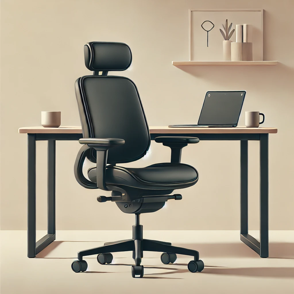 Ergonomischer Homeoffice Bürostuhl mit verstellbaren Armlehnen und Lordosenstütze vor einem Schreibtisch mit Laptop