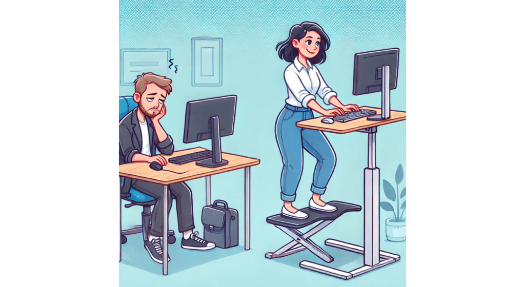 Vergleich: Ergonomischer Arbeitsplatz mit höhenverstellbarem Schreibtisch vs. unergonomischer Schreibtisch